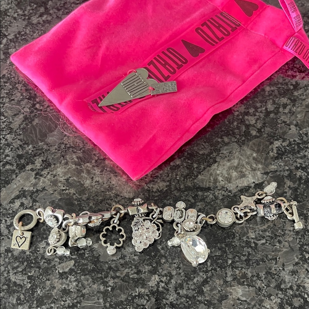 OTAZU Silver Charm Bracelet with Hot Pink Pouch